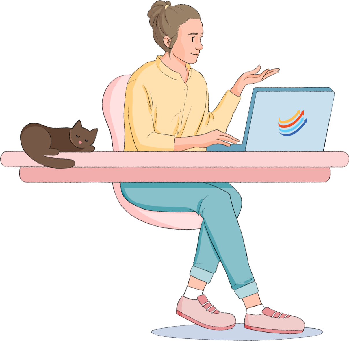 Employee working on a laptop with a cat on the desk